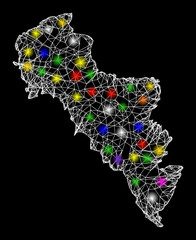 Web mesh vector map of Greece - Andros Island with glare effect on a black background. Abstract lines, light spots and dots form map of Greece - Andros Island constellation.