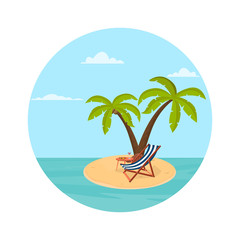 Fototapeta na wymiar Illustration of an island on it palm trees a deck chair and a cocktail.