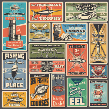 Fishing sport equipment and items vector posters. Fisherman tournament, boat and canoe rental service. Professional fishing sport, tackle and bobber, fishing rod, camping equipment, fish and bowls