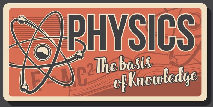 Physics retro poster with atom and molecules. Science popularizing vector design with speed of light formula. Education placards in vintage style, scientific discoveries, quantum physics