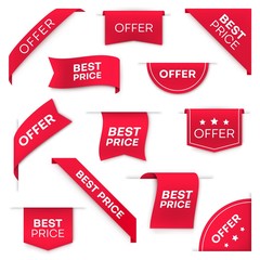 Best price, special offer vector banners or labels. Red ribbon, bookmark for web page and corners, arrow and round price tags. Sale promotion, business offer banners 3d realistic design elements - obrazy, fototapety, plakaty