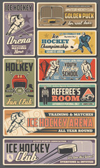 Ice hockey retro posters, vector sport team players with sticks, pucks and winner trophy cup. Referee on rink, skates and goalie mask, goal gate, uniform and helmet. Championship, hockey club banners