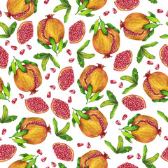 Seamless pattern with fresh yellow pomegranates, green leaves and red seeds on white background. Hand drawn watercolor illustration.