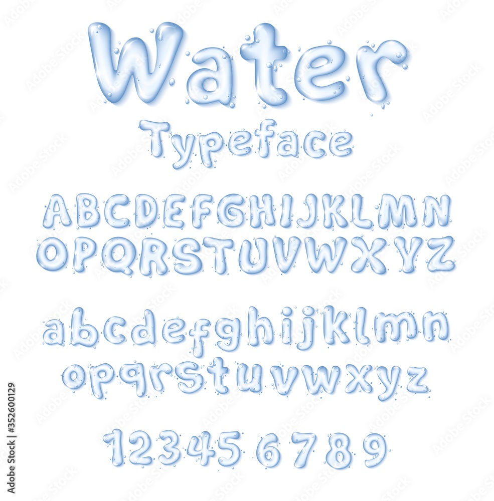 Poster Water font or type liquid vector drop letters and digits. Isolated uppercase and lowercase letters, numbers. Pure aqua blue transparent characters with water droplets. Cartoon font