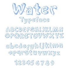 Water font or type liquid vector drop letters and digits. Isolated uppercase and lowercase letters, numbers. Pure aqua blue transparent characters with water droplets. Cartoon font