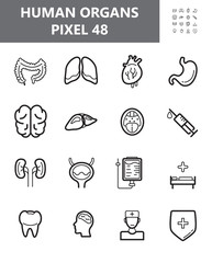 Human organs icon set vector. Throat, syringe, hospital are shown. Kidneys, liver, heart, intestine outline symbol for website in 48 pixel. Bladder, stomach, lungs illustration.