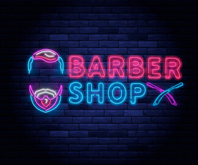 Illuminated neon barber shop design with razor blade. Hairstyling and beard grooming salon for gentlemans. Light electric banner glowing on background of bricks wall vector
