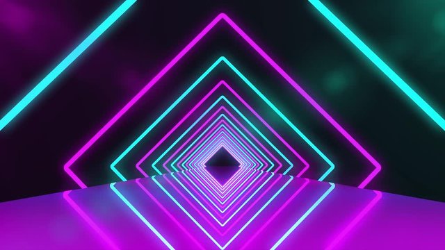 Futuristic neon tunnel with purple lights. Abstract 3d animation of glowing neon bright lines geometric shapes and mirror reflection