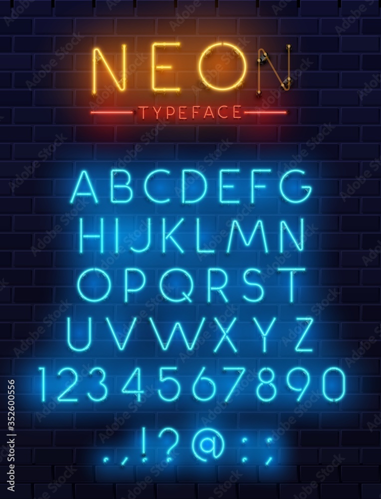 Poster neon type font, glowing vector alphabet letters, digits and punctuation marks on dark brick wall bac