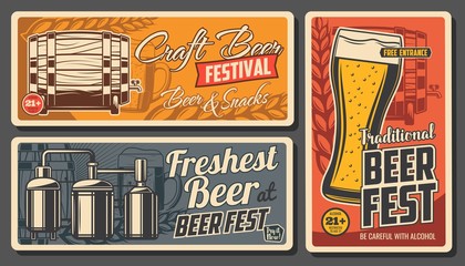 Craft beer and snacks vector posters. Glass cup with foamy drink, wooden barrel, malt ears and brewery. Alcohol drinks age restriction, craft beer fest, beerhouse tavern, pub vintage cards