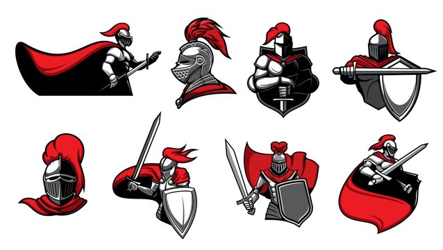 Medieval knights with swords, isolated heraldic vector icons. Warriors, paladin or guards with blade in armour and cape. Heraldry symbols of royal knight in helmet with red plumage, ancient soldier