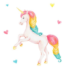 Obraz na płótnie Canvas Cute rainbow unicorn; watercolor hand draw illustration; can be used for cards or kid posters; with white isolated background