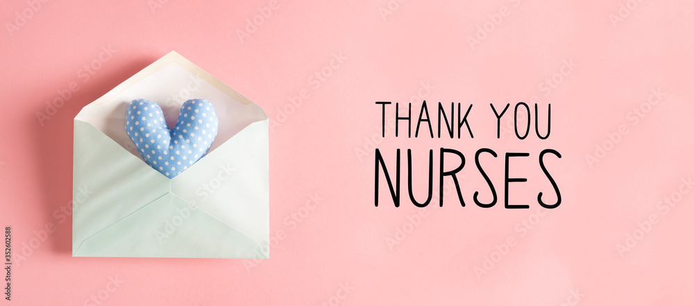 Wall mural Thank You Nurses message with a blue heart cushion in an envelope - Wall murals