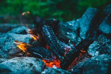 Vivid smoldered firewoods burned in fire close-up. Atmospheric warm background with orange flame of...