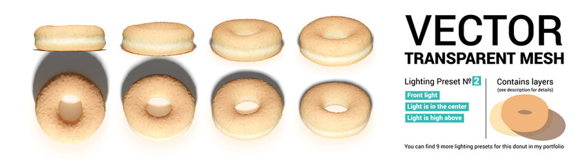 Set of donut buns captured from different camera angles.
Contains 3 separate layers: buns, shadow and reflected light.
Please check my gallery for 9 more various lighting presets of this set. - 352603765