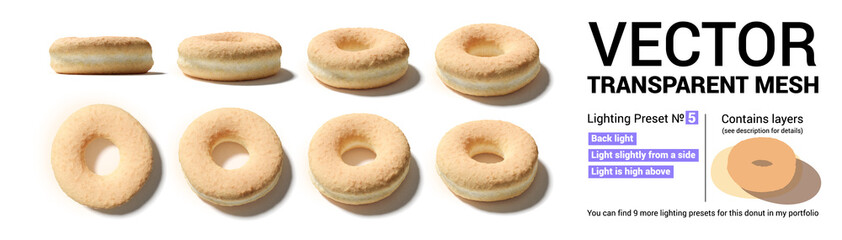 Set of donut buns captured from different camera angles.
Contains 3 separate layers: buns, shadow and reflected light.
Please check my gallery for 9 more various lighting presets of this set. - 352603972