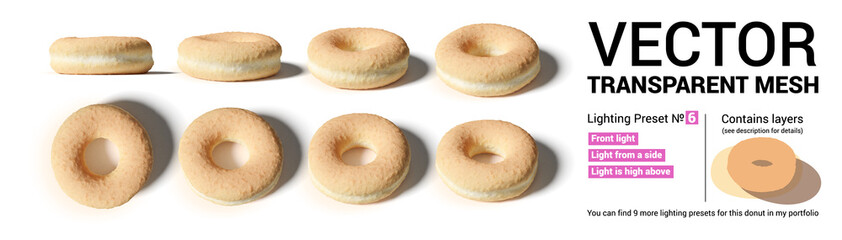 Set of donut buns captured from different camera angles.
Contains 3 separate layers: buns, shadow and reflected light.
Please check my gallery for 9 more various lighting presets of this set. - 352603978