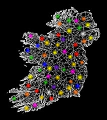 Web mesh vector map of Ireland Island with glare effect on a black background. Abstract lines, light spots and circle dots form map of Ireland Island constellation.