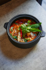 Thai Tom Yum Gai, Thai soup with chicken and Thai ingredients, top view of spicy Thai soup