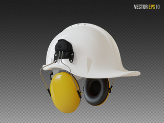 Isolated white hard hat with ear defenders. Realistic 3D Vector Illustration - obrazy, fototapety, plakaty
