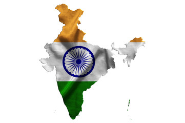 Waving textile flag of India fills country map. White isolated background, 3d illustration.