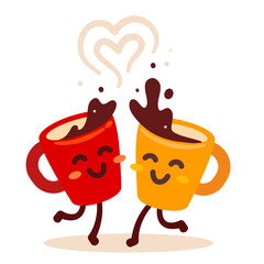 Vector illustration of yellow and red happy dancing friend character coffee cup with steam on white background. Coffee time concept.
