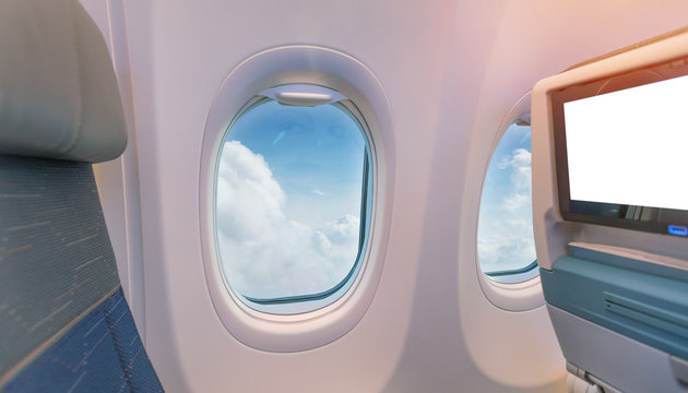 Airplane window view inside an aircraft. Window plane.