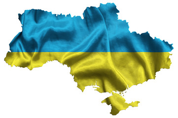 Waving textile flag of Ukraine fills country map. White isolated background, 3d illustration.