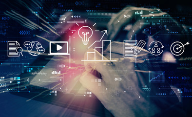 Content marketing concept with man using his tablet computer