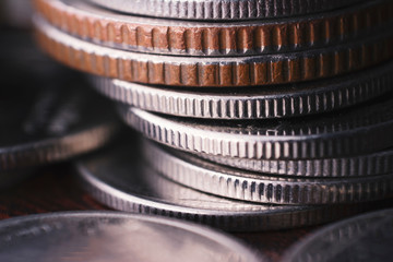 Coin Closeup The concept of currency appreciation or saving in an economic crisis, the recession of...
