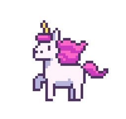 Lovely pixel art unicorn with pink mane on white background © Monomoon