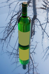A bottle of white wine stands on a mirror mat