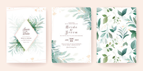 Fototapeta na wymiar Golden greenery wedding invitation template set with leaves, glitter, frame, and pattern. Floral decoration vector for save the date, greeting, thank you, rsvp, etc