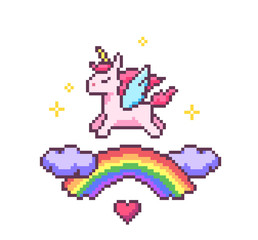 Fototapeta na wymiar Fantasy game pixel art poster with unicorn, heart, rainbow, stars, glitters and clouds.