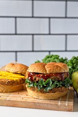 Lentil Burger with fixing on a cutting board