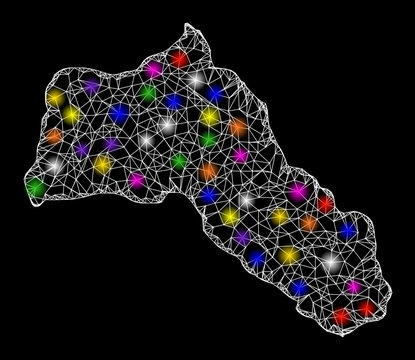 Web mesh vector map of Kurdistan with glare effect on a black background. Abstract lines, light spots and dots form map of Kurdistan constellation.