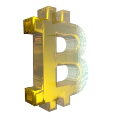 Bitcoin sign, the green grid turns into gold on white background. 3D illustration