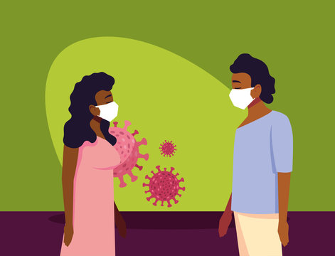 Woman and man with masks and covid 19 virus vector design