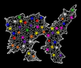 Web mesh vector map of Lemnos Island with glare effect on a black background. Abstract lines, light spots and small circles form map of Lemnos Island constellation.