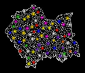 Web mesh vector map of Lesser Poland Province with glare effect on a black background. Abstract lines, light spots and points form map of Lesser Poland Province constellation.