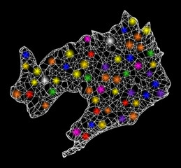 Web mesh vector map of Liaoning Province with glare effect on a black background. Abstract lines, light spots and circle dots form map of Liaoning Province constellation.