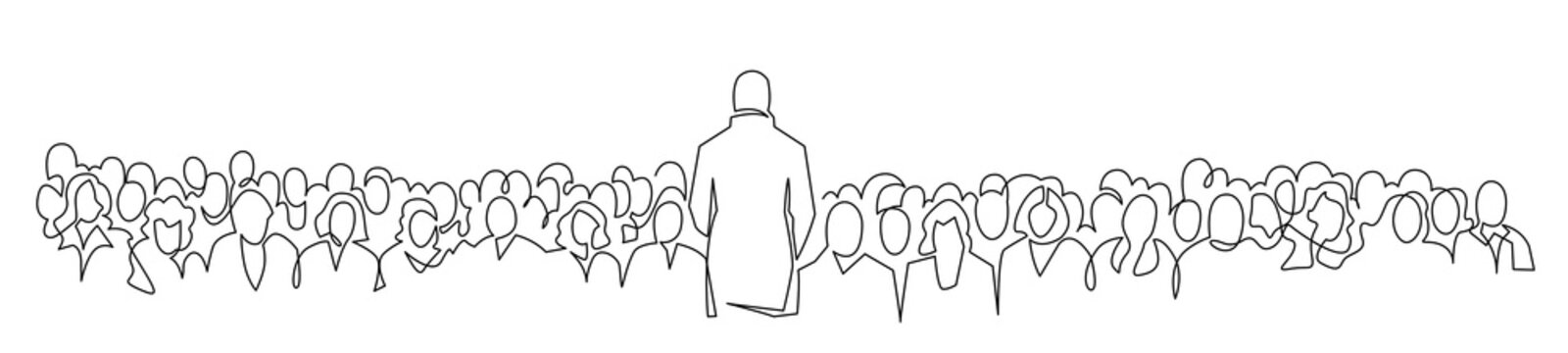 Creative man giving a talk on stage to audience in the conference hall continuous one line drawing. Hand drawn vector silhouette. Crowd of people in the auditorium