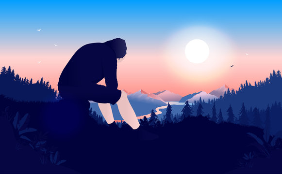 Sorrow - Outcast man or boy sitting alone on hilltop in with beautiful view covering his face with hands. Unhappy, personal crisis, escaping problems concept. Vector illustration. 