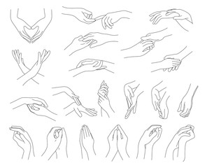 Fototapeta premium Collection of hands and fingers vector illustration. Line of hand gestures. Logo and graphic design arms on white background.