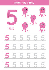 Handwriting practice for kids. Number five. Cartoon pink jelly fish.