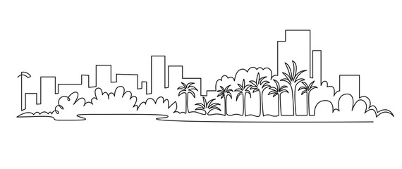 Naklejka premium Modern cityscape continuous one line vector drawing. Metropolis architecture panoramic landscape. Dubai skyscrapers hand drawn silhouette. Apartment buildings isolated minimalistic illustration.