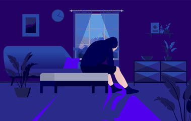 Depressed and alone at home - Sad man sitting in dark living room and crying in front of window, cant sleep, feeling down. Mental illness, sleep problems, regret and insomnia concept. Vector.