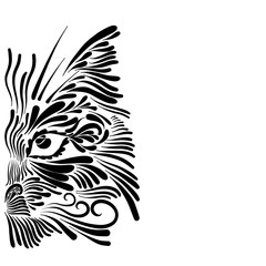 abstract shaggy fluffy head portrait face muzzle cat and lynx mythical animal with long black mustache on a white background
