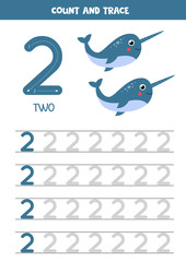 Handwriting practice for kids. Number two. Cartoon narwhals.