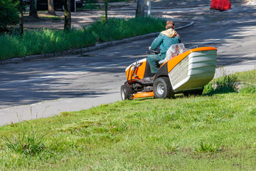 A gardener using a professional lawn mower mows tall green grass along of a city road.